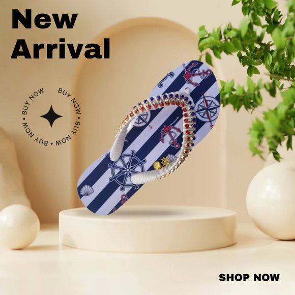 Women's Luxury nautical flip flops, with crystals and rhinestones, all occasions - Picture 10 of 17